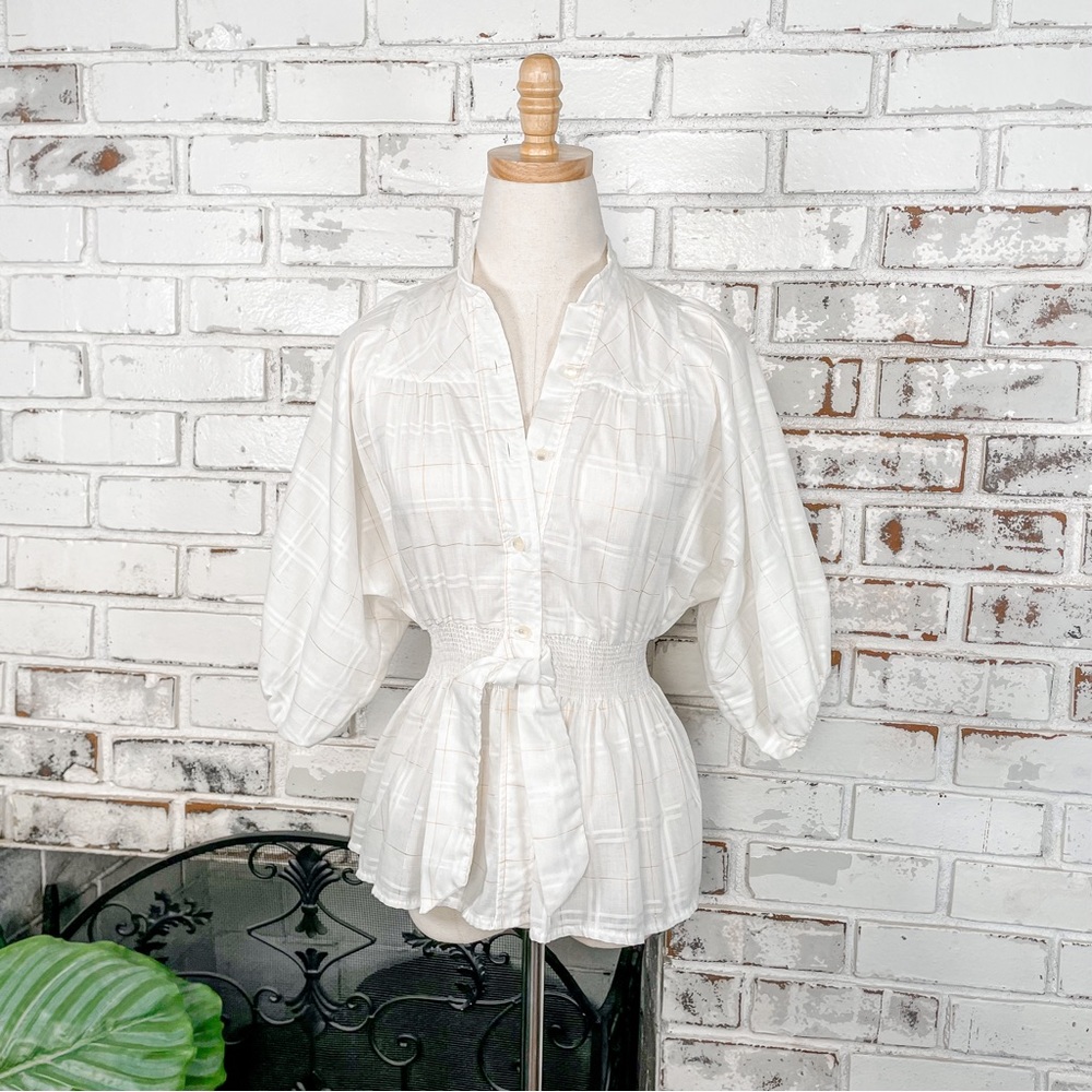 Vintage 60s 70s PepperHill White and Gold Plaid Puff Sleeve Tie Waist Button Top